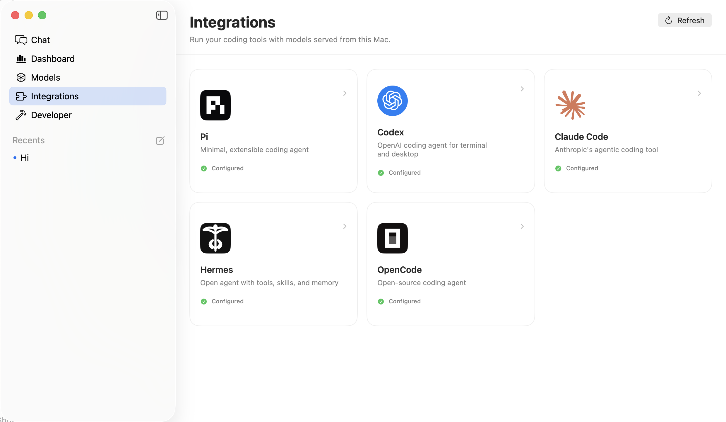 Playa integrations screen showing Pi, Codex, Claude Code, Hermes, and OpenCode configured to use local models